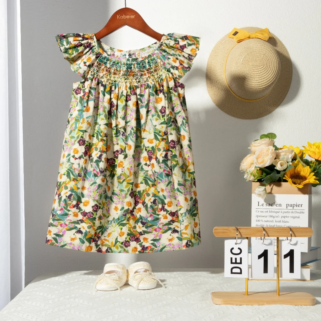 Blumen-Sommerkleid für Mädchen im Alter von 1, 2, 3, 4, 5, 6 Jahren, Smockdesign mit fliegenden Ärmeln, für Babys und Kleinkinder, tägliche süße Kleidung – Detail 25