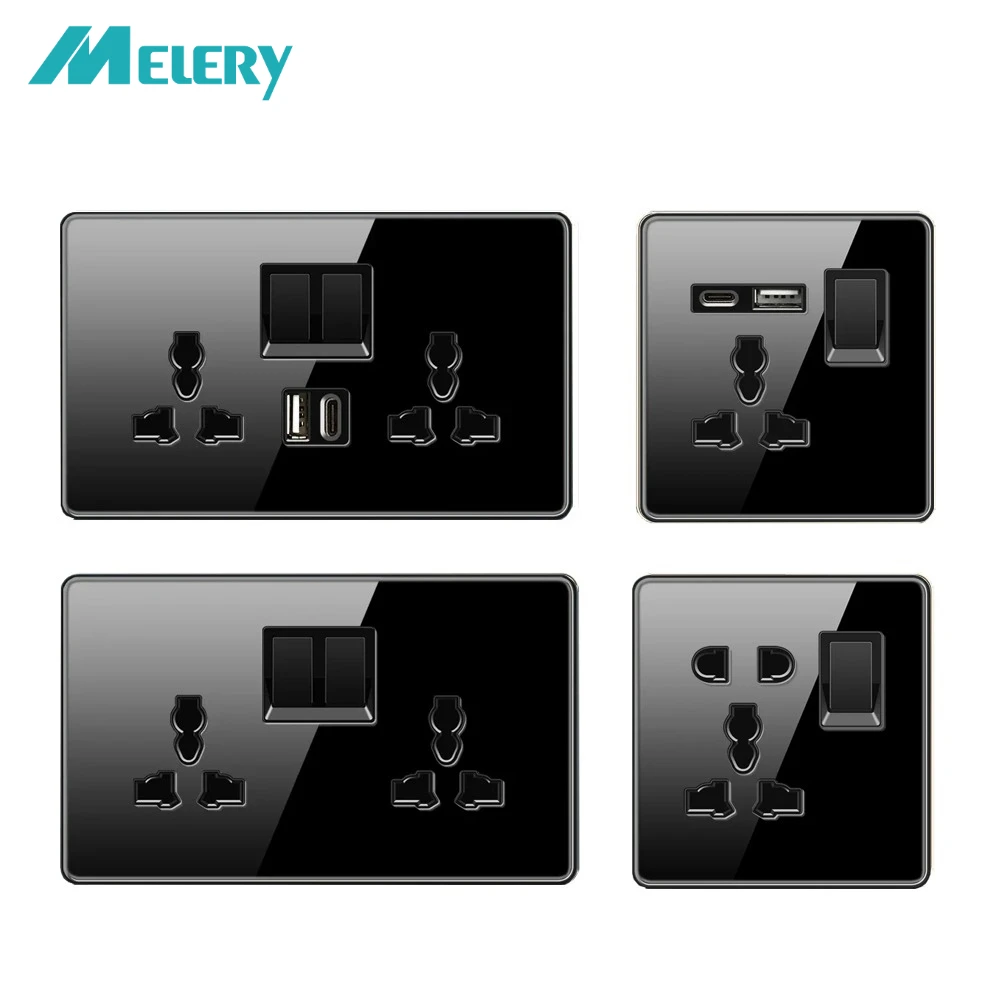 

Настенная розетка Melery Doublel USB Type C UK US EU AU Универсальная вилка Светодиодный выключатель Черное стекло 18 Вт Розетка для быстрой зарядки для дома