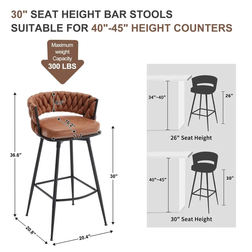 30inch Bar Stools Set of 2, Bar Height Bar Stools, 180 Swivel Suede Fabric Stool Chairs with Woven Back and Footrest for Kitche