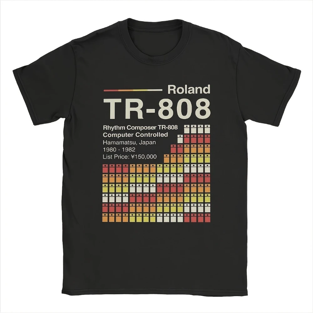 Camiseta Retro de Música Electrónica para Hombre, Estilo Vintage Roland TR-808, 252 g/m², Negra, con Gráfico TR-808, Manga Corta