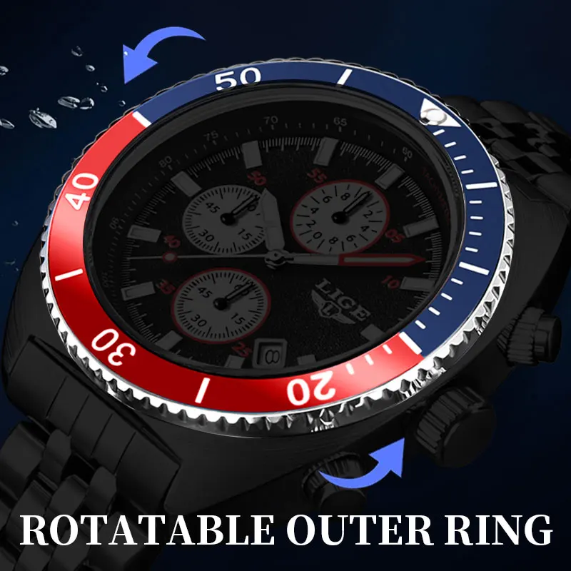 LIGE Fashion Mens Watch Stainless Steel Top Brand Luxury Sport Chronograph Quartz Watches For Men Wrist Watch Relogios Masculino