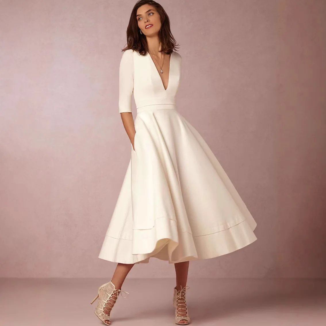 

Simple A-Line Deep V-Neck Mid-Length Dresses Elastic Satin Pockets Half Sleeves Zipper-Up Classic Party Dress