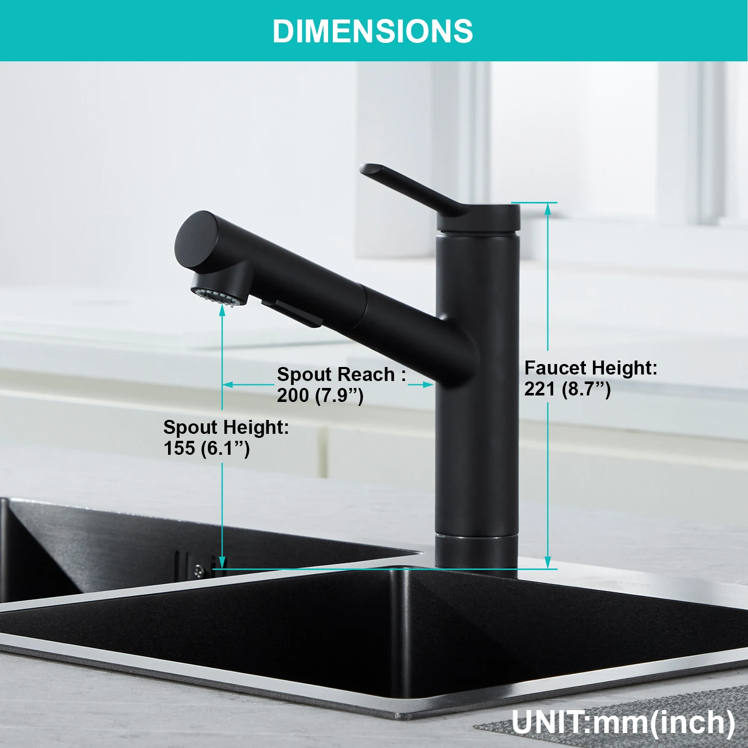 صنبور حوض الفولاذ المقاوم للصدأ الأسود، خرطوم قابل للتمديد، صنبور المطبخ الأسود