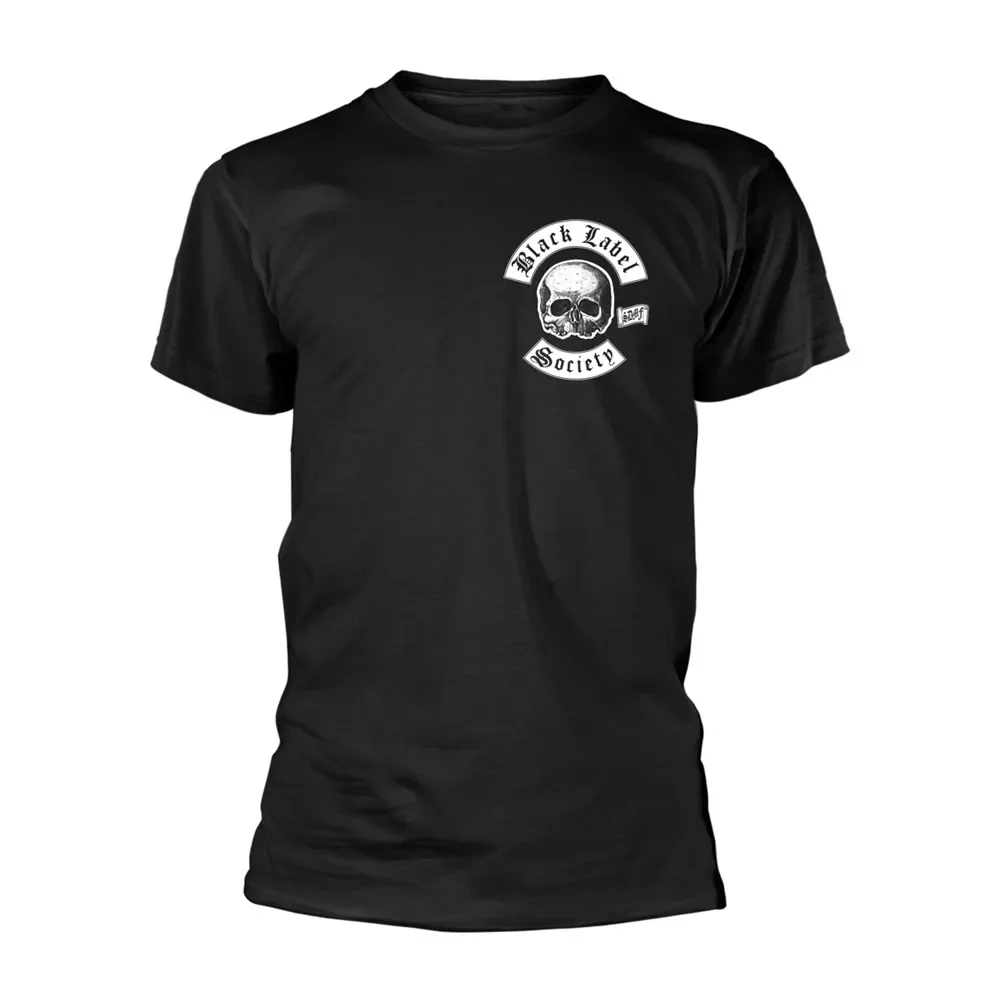 BLACK LABEL SOCIETY - CAMISETA NEGRA CON LOGO DE CALAVERA EN EL BOLSILLO (NEGRO), Estampado Frontal y Trasero