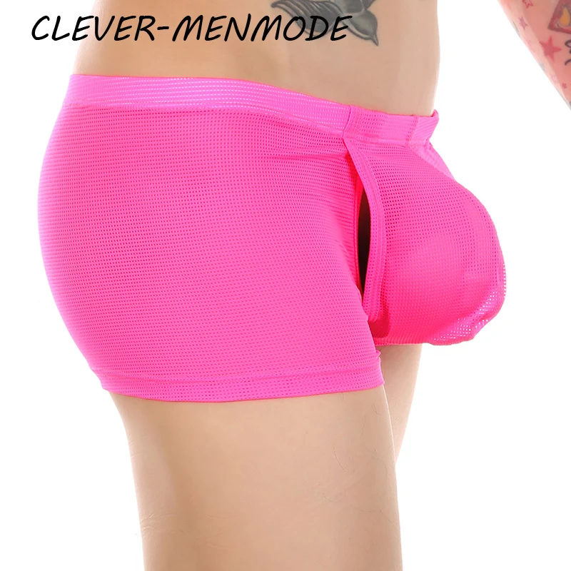 CLEVER-MENMODE homens de baixo nível malha fina respirável aberto gama briefs transparente sexy gavetas malha levantada bolso roupa interior