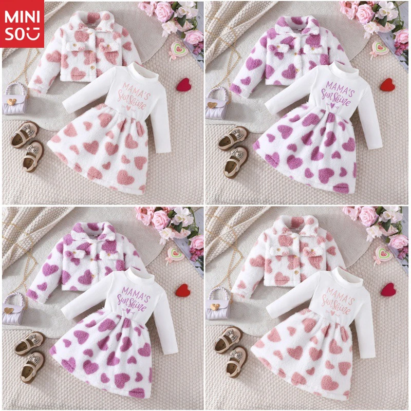 

2025 Autumn Winter New Korean-Style Kids' 2-Piece Set - Collared Fashion Jacket + Letter Heart Print Dress, Fuzzy Warm Outfit