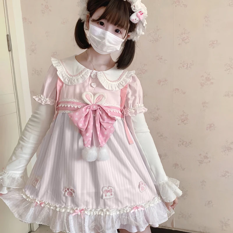 귀여운 토끼 사랑스러운 토끼 라이트 로리타 드레스 탈부착 가능한 소매 오리지널 레이스 소프트 걸 딸 드레스 Y2k 드레스
