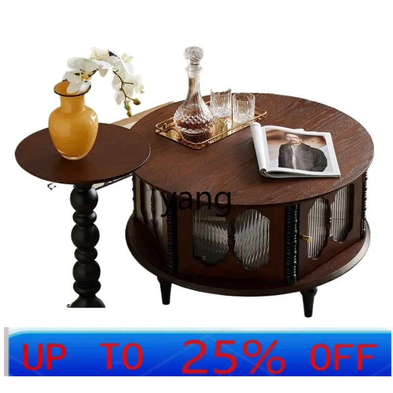 

LMM retro solid wood round coffee table combination balcony living room home medium and ancient style small apartment tea table