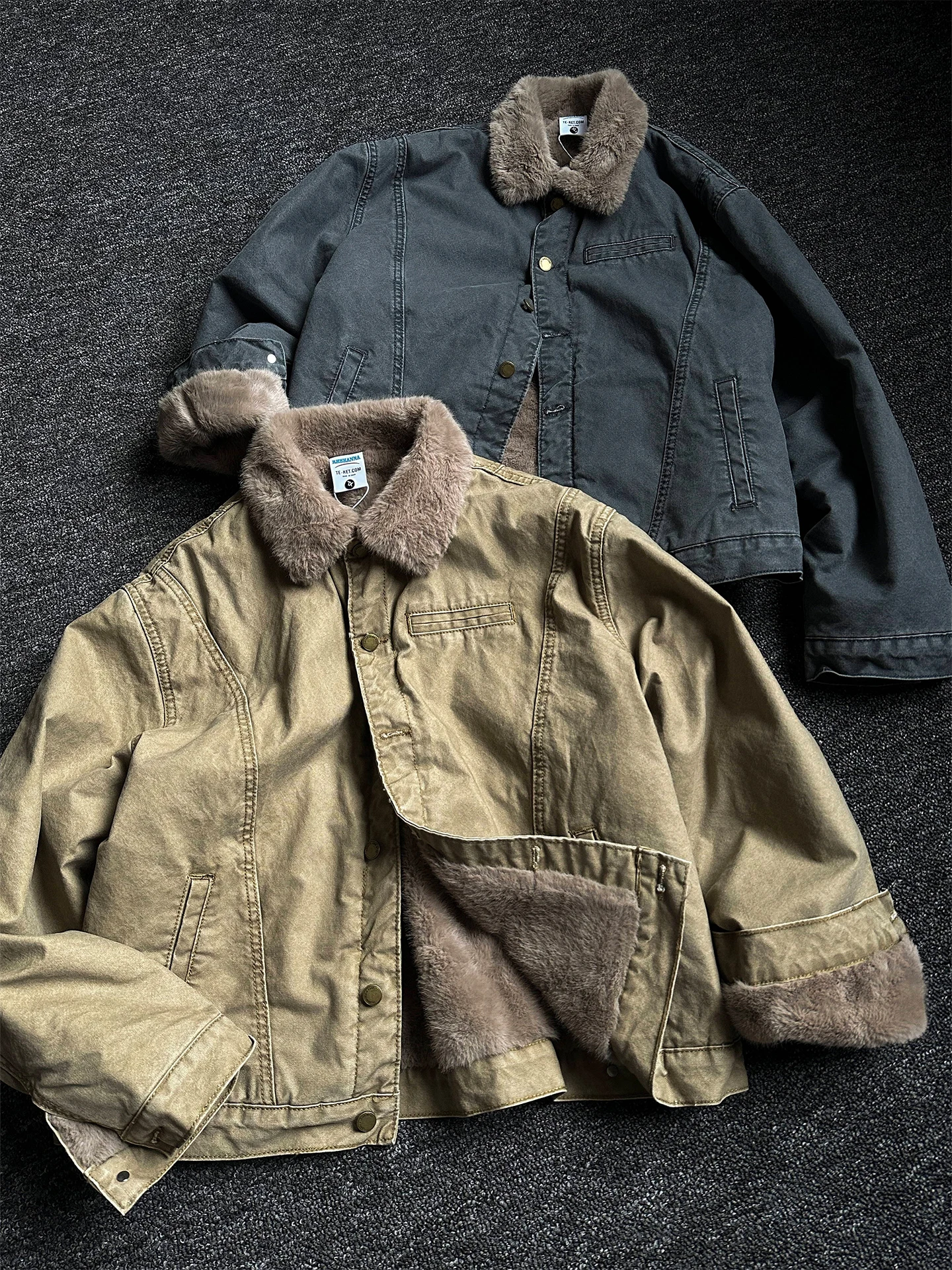 Rise Men's Jacket Washed Vintage Canvas Furry Interior Warm Not Puffy Outerwear Durable Cotton Youth Cleanfit Zipper Closure