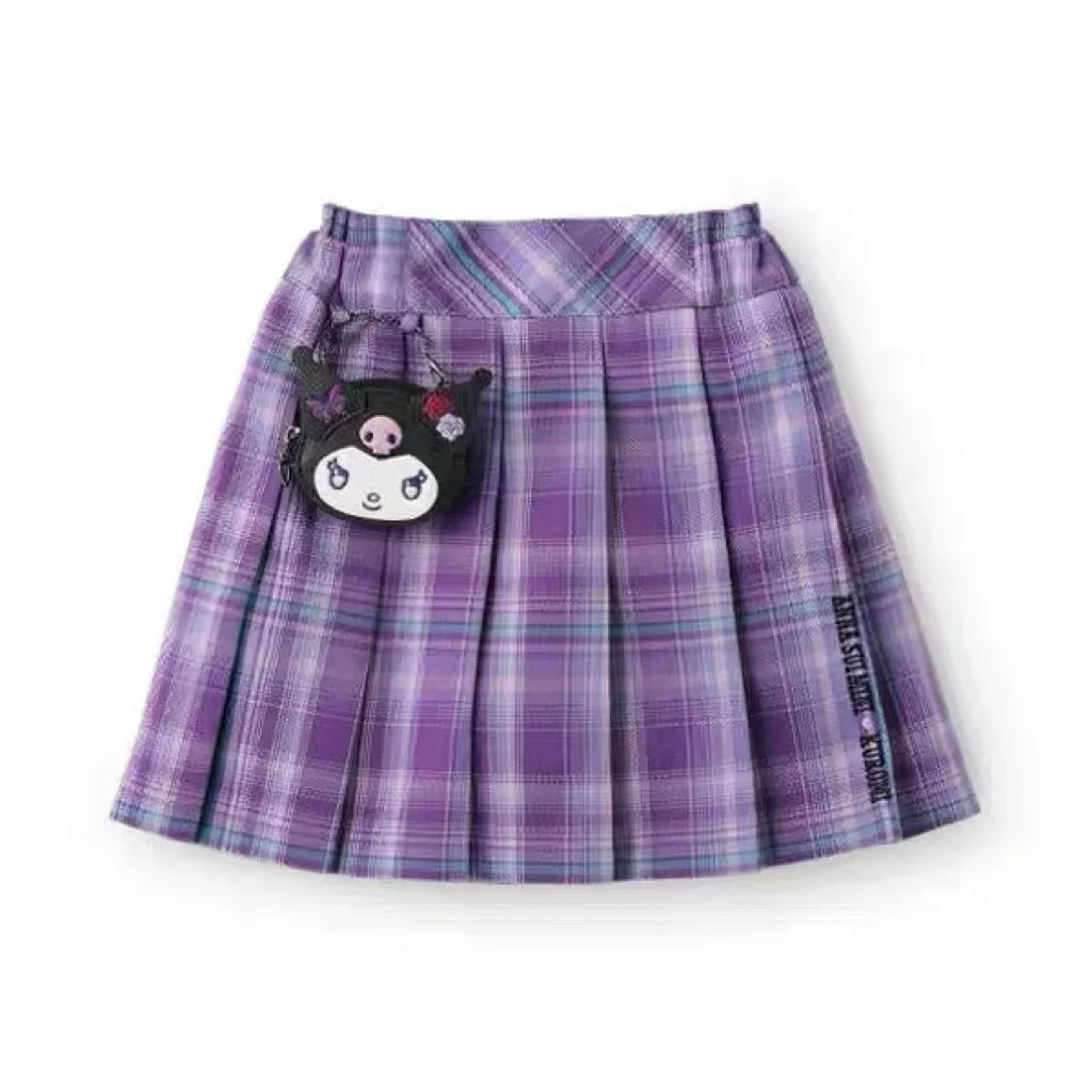 2024 Japanese Children Clothing Girls Sanrio Kuromi Plaid Pleated Skirt Princess Costumes Teen Kid Fashion Casual Dress with Bag