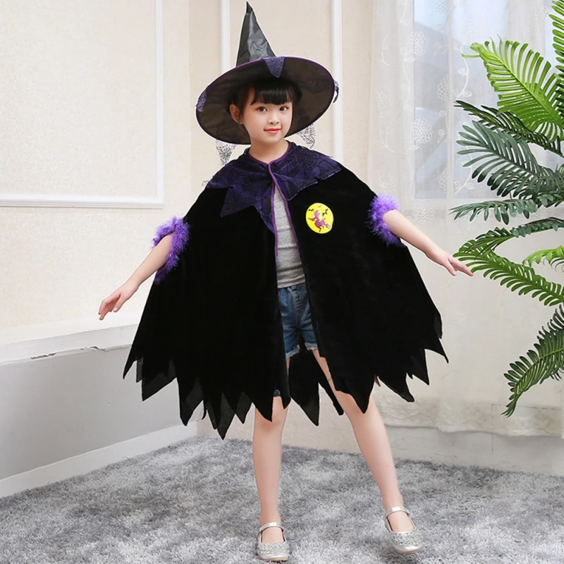 2Pcs Kids Halloween Clothes Unisex Witch Cosplay Cloak+Witch Hat Costume Carnival Party Prom Performs Dressing Up Dress Cape
