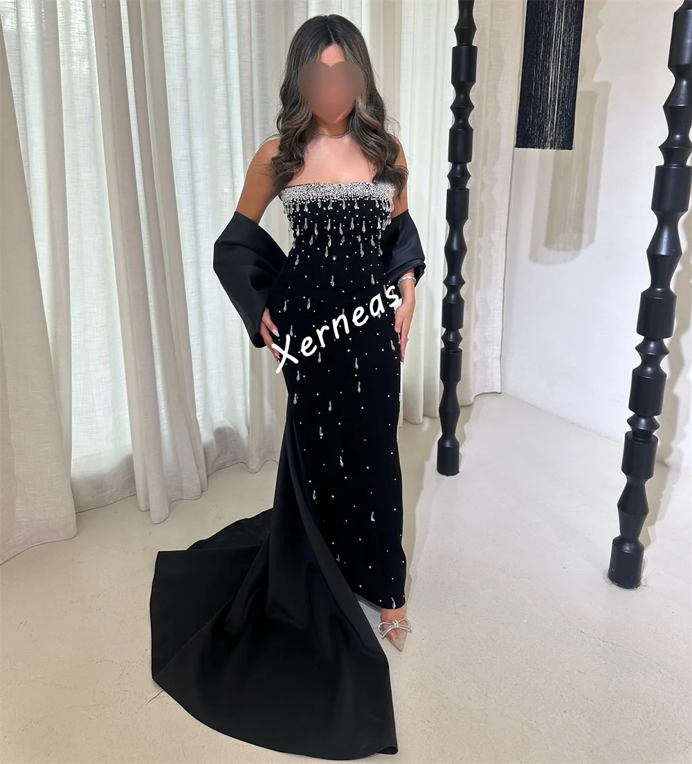 Customized Jersey Rhinestone Temperament Black Straight Midi Dresses Bespoke Occasion Women Luxury Evening Party Sparkle