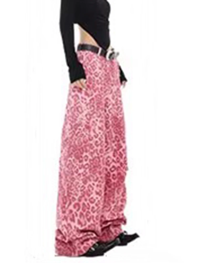 

Y2K Wide Leg Pants Women Pink Leopard Print Dopamine Style High Waist Loose Straight Fit Floor Length Trousers