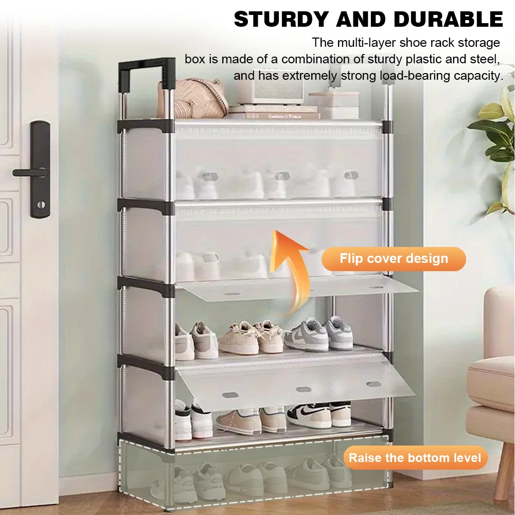 4/5/6 Layers Dustproof Shoe Cabinet Transparent Shoe Rack Stainless Steel Frame Space Saving Shoe Organizer for Home Storage