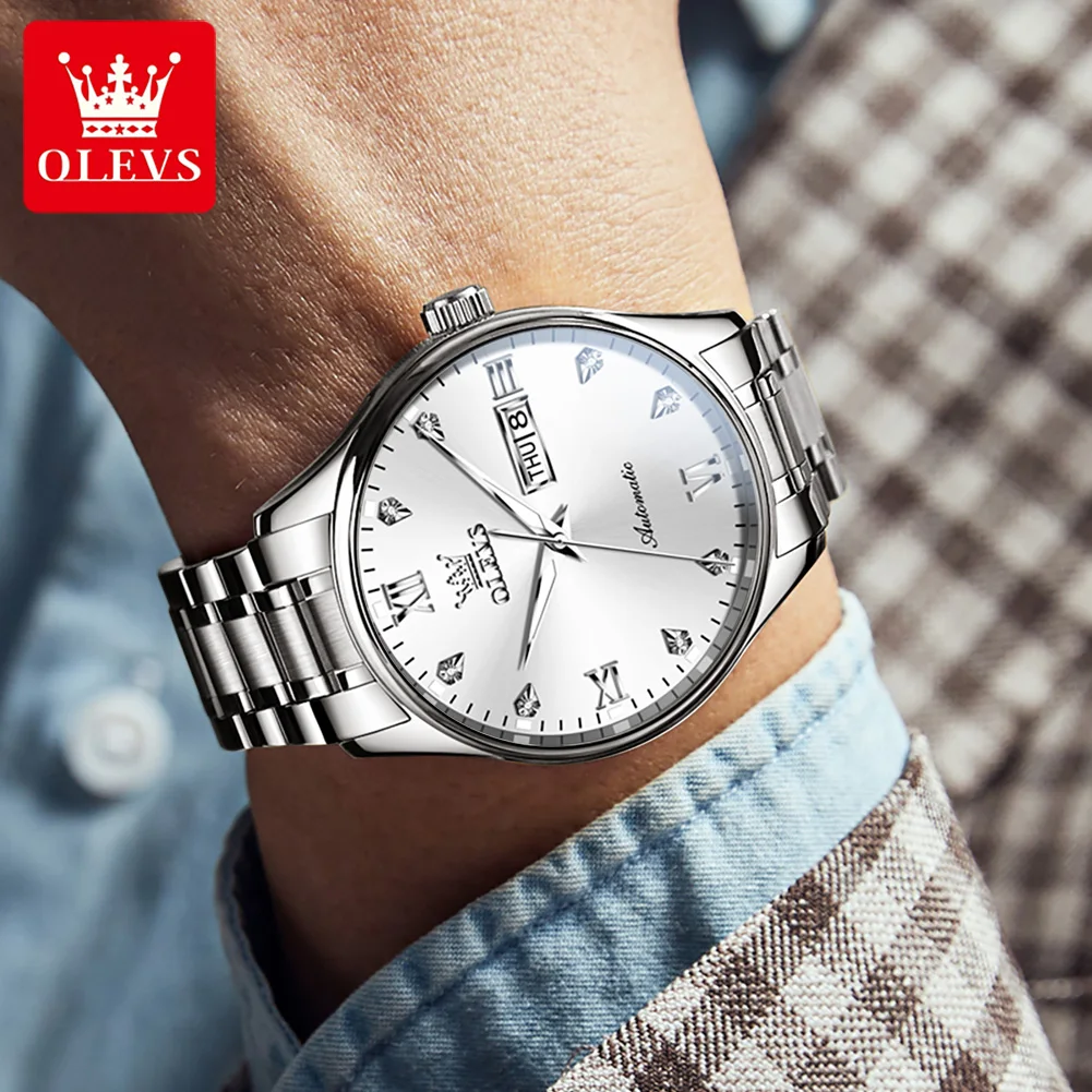 OLEVS 9955 Mens Watch Simple Casual Automatic Mechanical Wristwatch Waterproof Stainless Steel Luminous Watch for Man Date Week