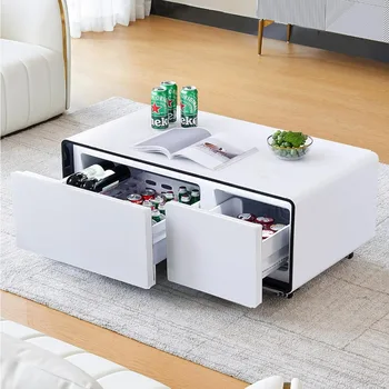 Image Smart Coffee Table with Fridge, 90L Smart Table with Built in Fridge, Wireless Charger, USB Port, for Living Room Reception Room