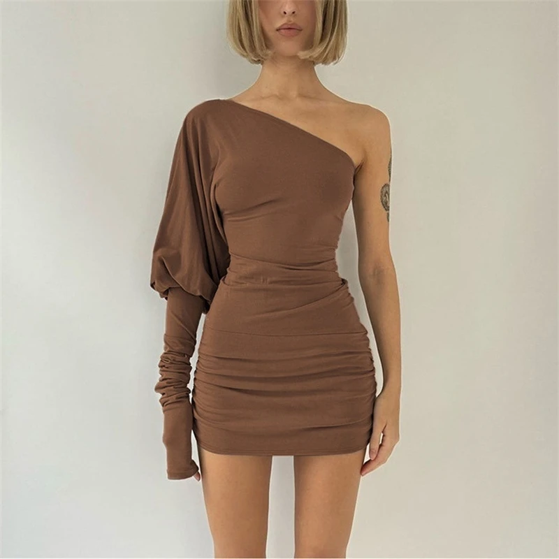 Women Sexy One Shoulder Lantern Sleeve Ruched Bodycon Mini Dress