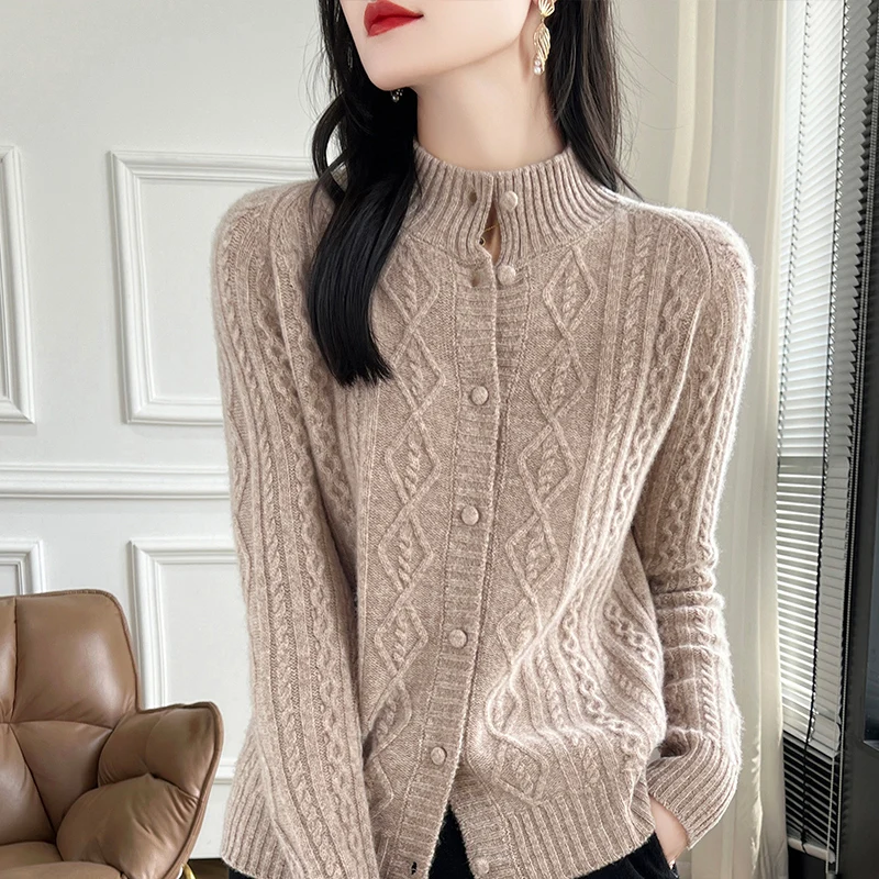 Autumn and Winter New Stand up Cashmere Cardigan Women\'s 100% Pure Wool Loose Fashion Sweater Casual Knitted Long Sleeve Top