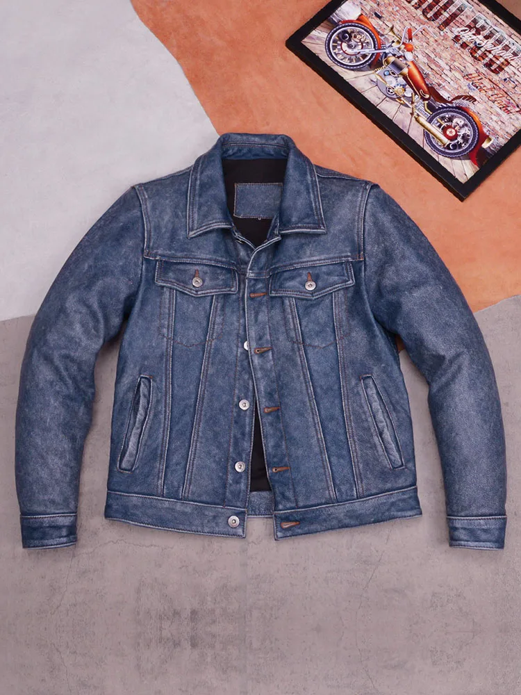 

Vintage Stone inding Proc Genuine Leather Jaet Men's Collar Coat Water Waed Slim Fit Faion Urban Sle ort Coat