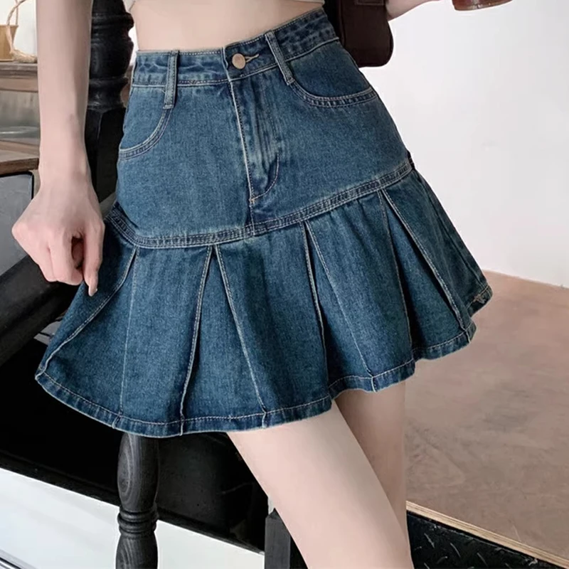 Women High Waist Korean Style Denim Pleated Skirts Female Elegant Ruched Dress Lady Blue A Line Mini Wrap Hips Skirts Large Size