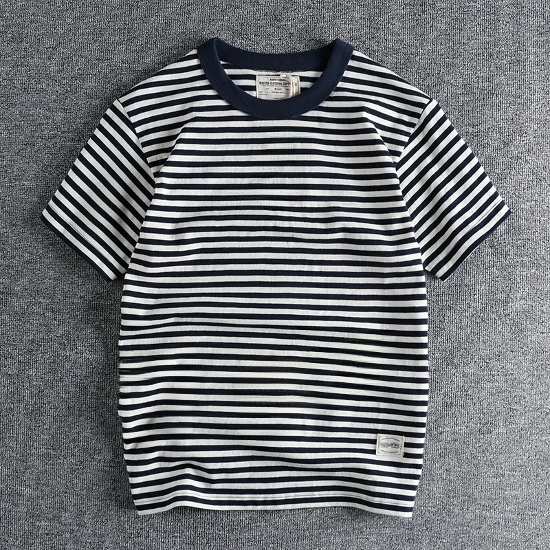 Ameikaji Retro Hong Kong Sailor Stripe Cotton T-Shirt Men's Summer High Weight Half Sleeve Shirt Casual Style Breathable Skin...