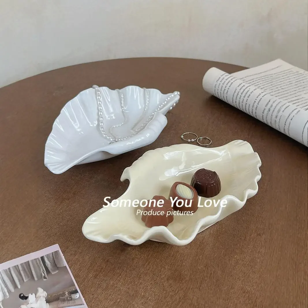 Cream Ceramic Shell Plate Jewelry Display Storage Trays Kitchen Tableware Decorations Home Storage Organization Fruit Salad Dish