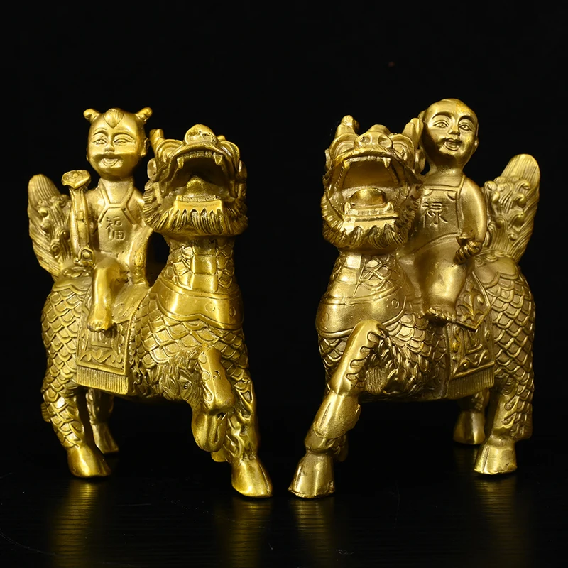 Brass Sending off Qilin statue Kirin Statue A Pair Boy sitting on divine beast Amass wealth Ornaments Town house Exorcism