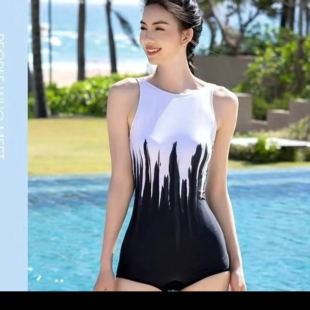 

2025 Women's One-Piece Swimsuit - Black White Ink Print Open Back Slim Fit Swimwear, Fashion Sporty Beachwear for Summer