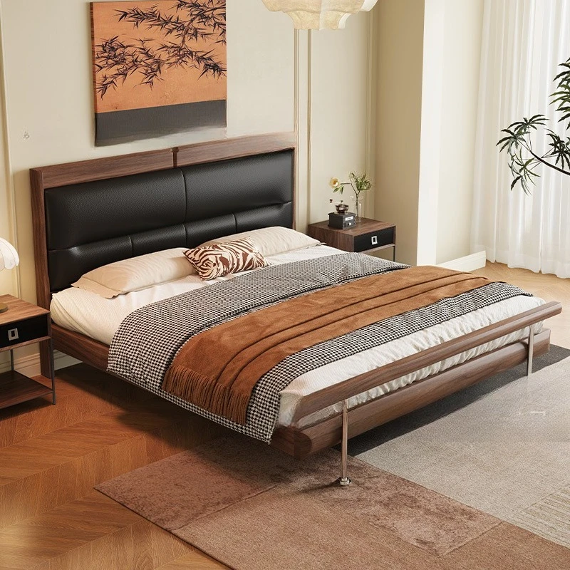 North American black walnut all solid wood bed master bedroom Bauhaus high-end simple leather soft bag medium and antique
