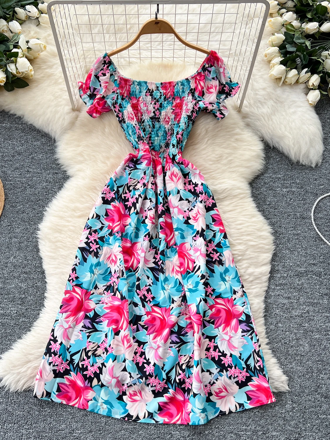 Fashion One-word Shoulder Puff Sleeve Floral Dress Women's 2025 Summer Slim Long Dress Boho Beach Holiday Y2k