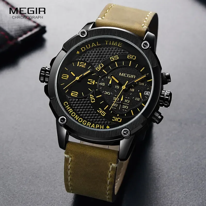 MEGIR Heren Dubbele Tijdzone Chronograaf Quartz Horloges Waterdicht Lichtgevende Lederen Band Leger Sport Horloge voor Man 2093G-BK