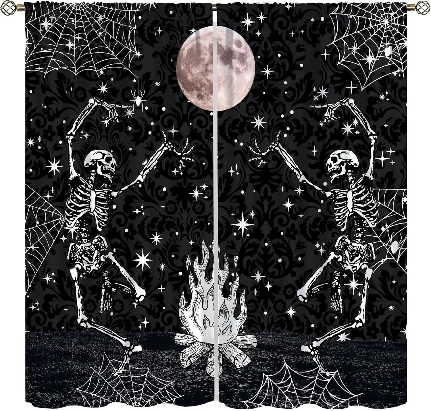 Dancing Skeleton Bonfire Full Moon Spider Web Vintage Damask Blackout Rod Pocket Curtain Gothic Spooky Elegant Bedroom Rest Bay