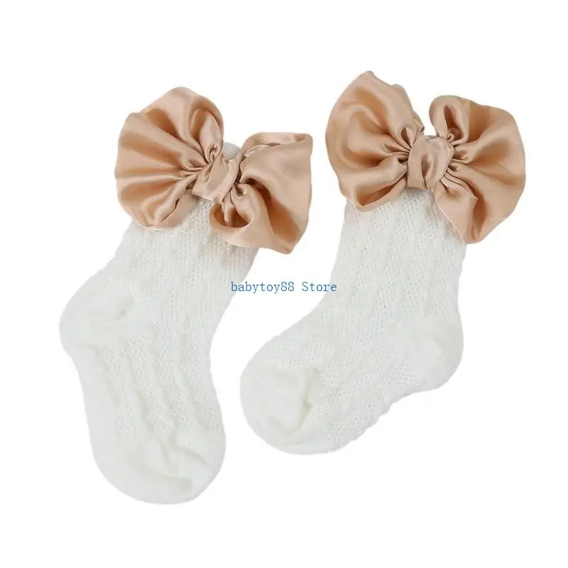Y4UD 2024 Baby Hollowed Jacquard Knitted Socks Solid Color Big Bowknot Socks or Lovely Girls Headband Fashionable Hairband