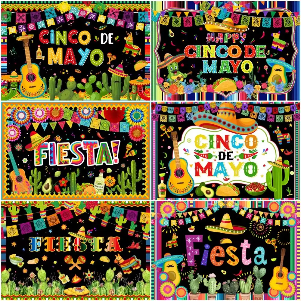

Mexican Themed Birthday Party Banner Cinco De Mayo Fiesta Backdrop Colorful Cactus Guitar Taco Avocado Background Decor Supplies