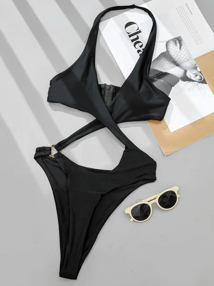 Maillot de bain une pièce, sexy, échancré, col licou, bandage croisé, monokini, pour femmes, vêtements de plage, 2024