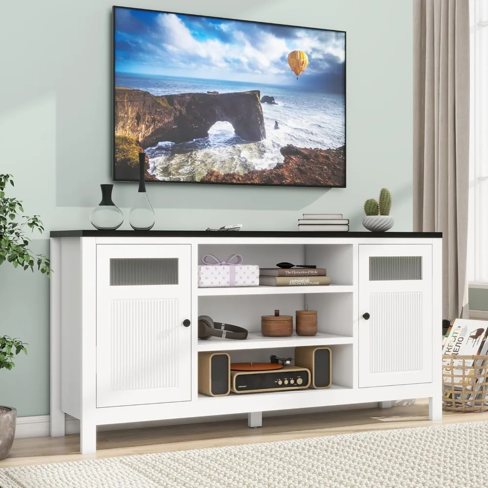 

White Tv Stands, 63 Inch Tv Cabinet for Tvs Up to 75 Inch, Tall Entertainment Center with Storage, Modern Fluted