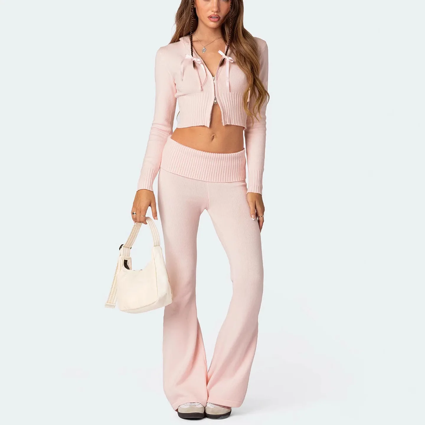 

Women's Zipper Knitted Hoodie Pants Set Long Sleeve V-Neck Long Pants Winter Fashion Two-Piece Suit Polyester Material
