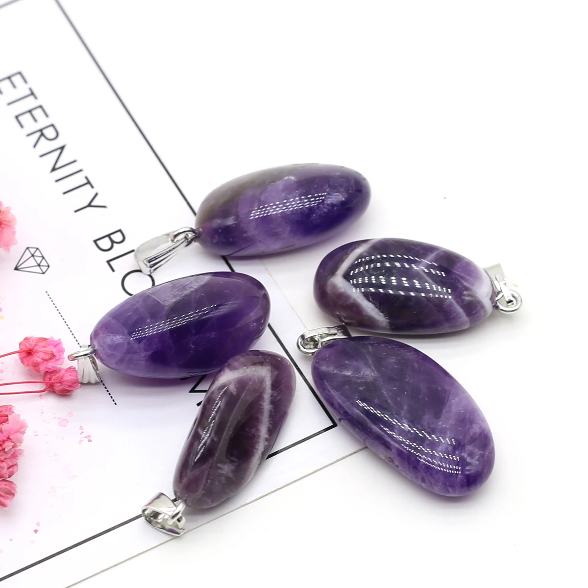5PC Natural Stone Pendant Crystals Amethyst Rose Quartz Smooth Polished Gemstone Charms for Jewelry Making DIY Necklace Earrings