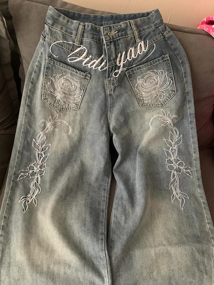 

American High Street Floral Letter Embroidery Jeans Women's Spring Autumn Loose Wide Leg Pants High Waist Denim Fabric