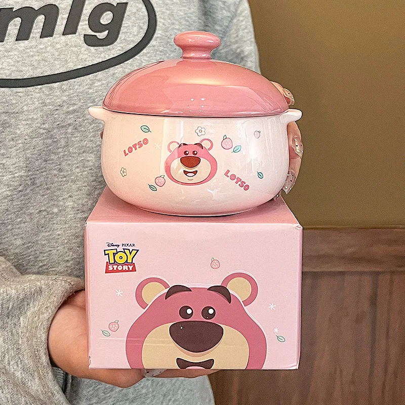 Hot Miniso Double Ear Soup Bowl With Lid Ceramic Bowl Cartoon Cute Home High-End Bowl For One Person To Eat Kawai Small Stew Pot