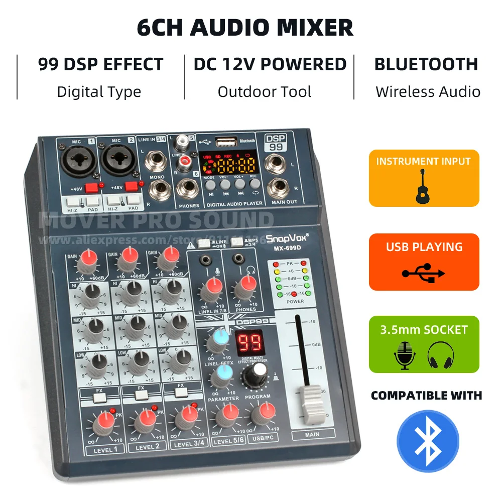 

6 Channels 99 DSP EFFECT Portable Audio Mixer Sound Desk Guitar Bass Musical Intrument Mic Signal Line In Out Hub Mixing Console