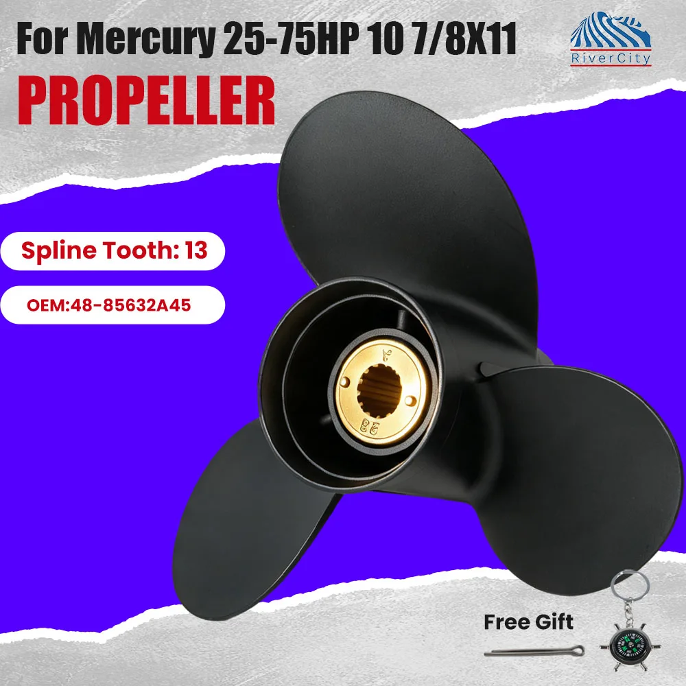 10 7/8x11 Boat Propeller fit Mercury 25 30 40 45 48 50 55 60 70HP Outboard Engines Aluminum Alloy Screw 3 Blade 13 Spline Tooth