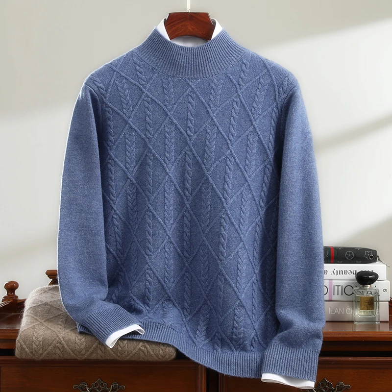 

100% Cashmere Sweater Half Turtleneck Men's Pullover Seven-Needle Thickened Diamond Pattern Knitted Base Shirt Casual Sweater