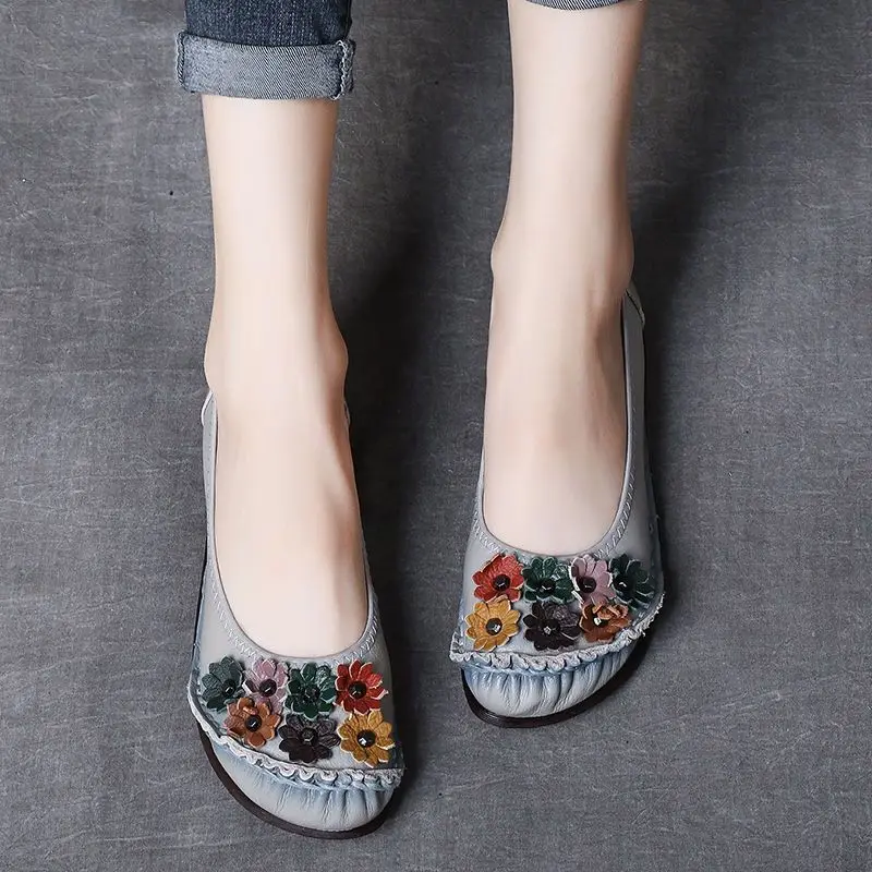 Spring New Arrival Leather Women Loafer Ballet Flats Ladies Flower Moccasins Female Flat Daily Shoes Woman Flattie Slip On Shoes