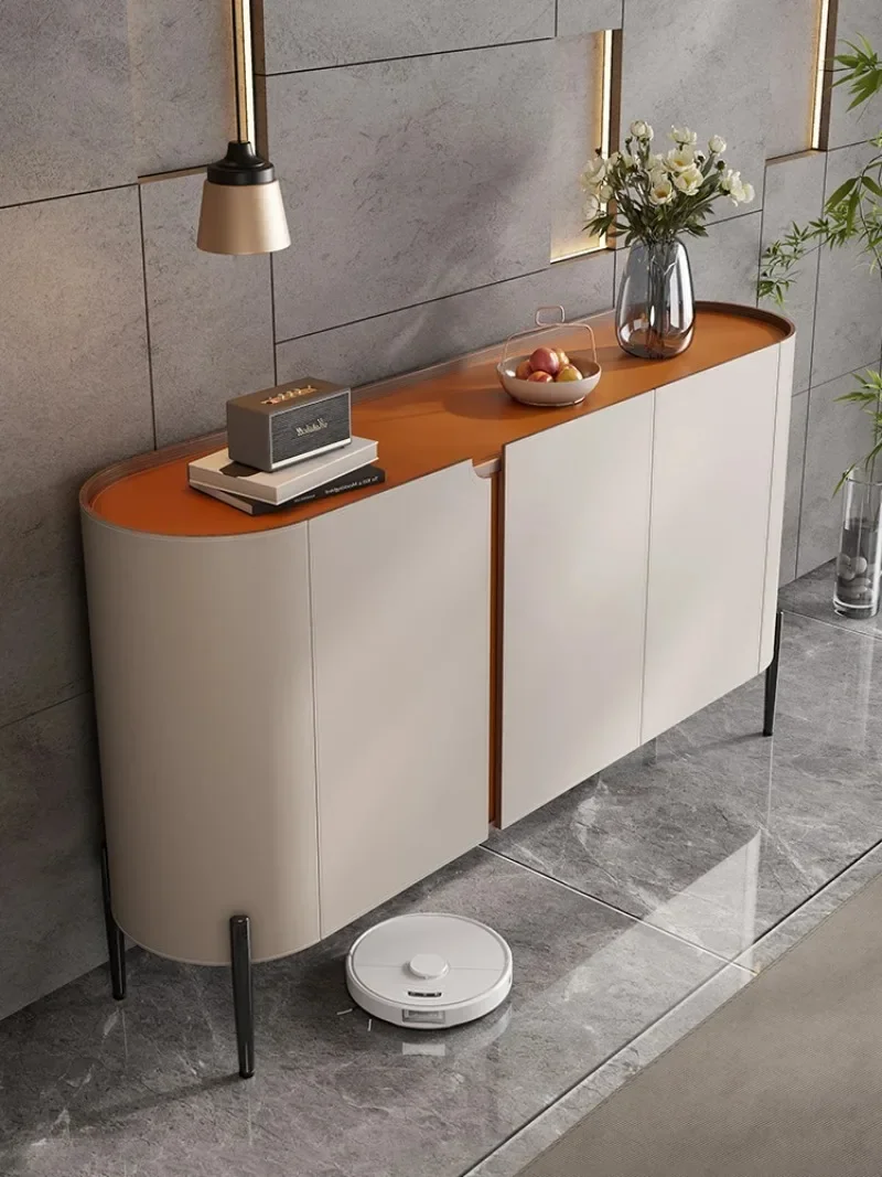 Light luxury saddle leather dining sideboard, modern home living room, wall facing solid wood foyer cabinet, high foot new stora