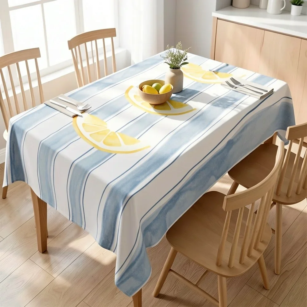 1 PC Blue and White Striped Lemon Tablecloth, Thick Polyester Modern Tablecloth
