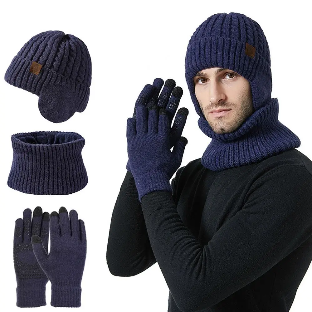 3Pcs/set Winter Warm Beanie Hat Scarf Knitted Soft Touch Screen Gloves Windproof Woolen Fleece Lining Scarves for Men Women