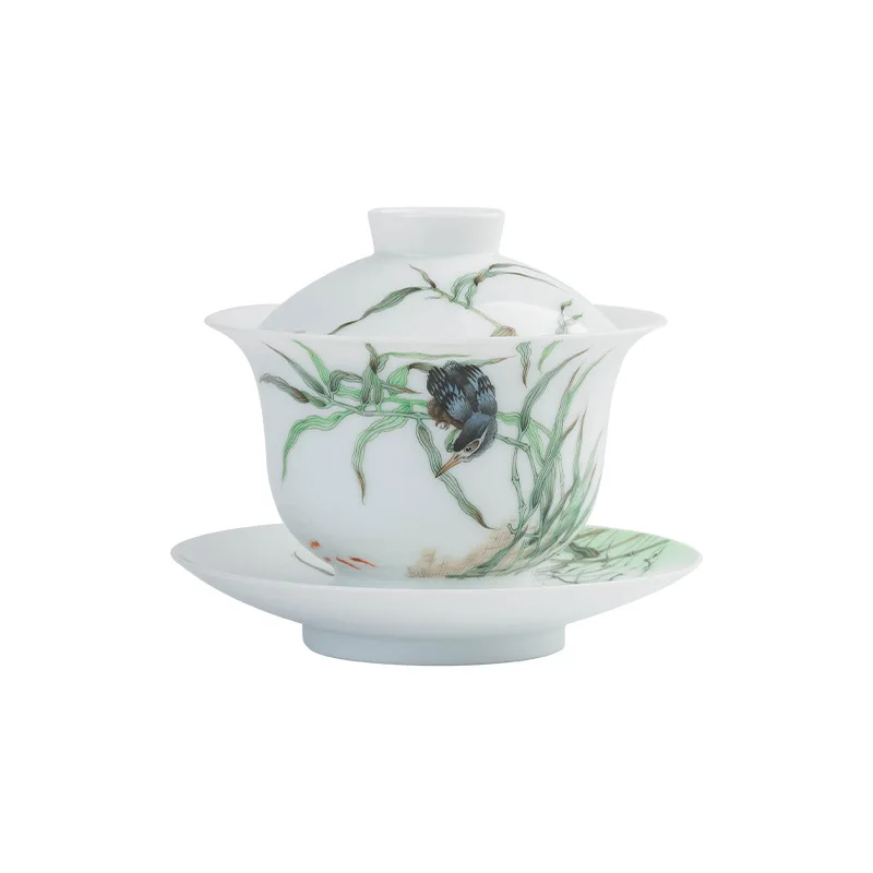 

Jingdezhen all-handmade jade mud ceramic Chinese set of high-end hand-painted pastel cover bowl set