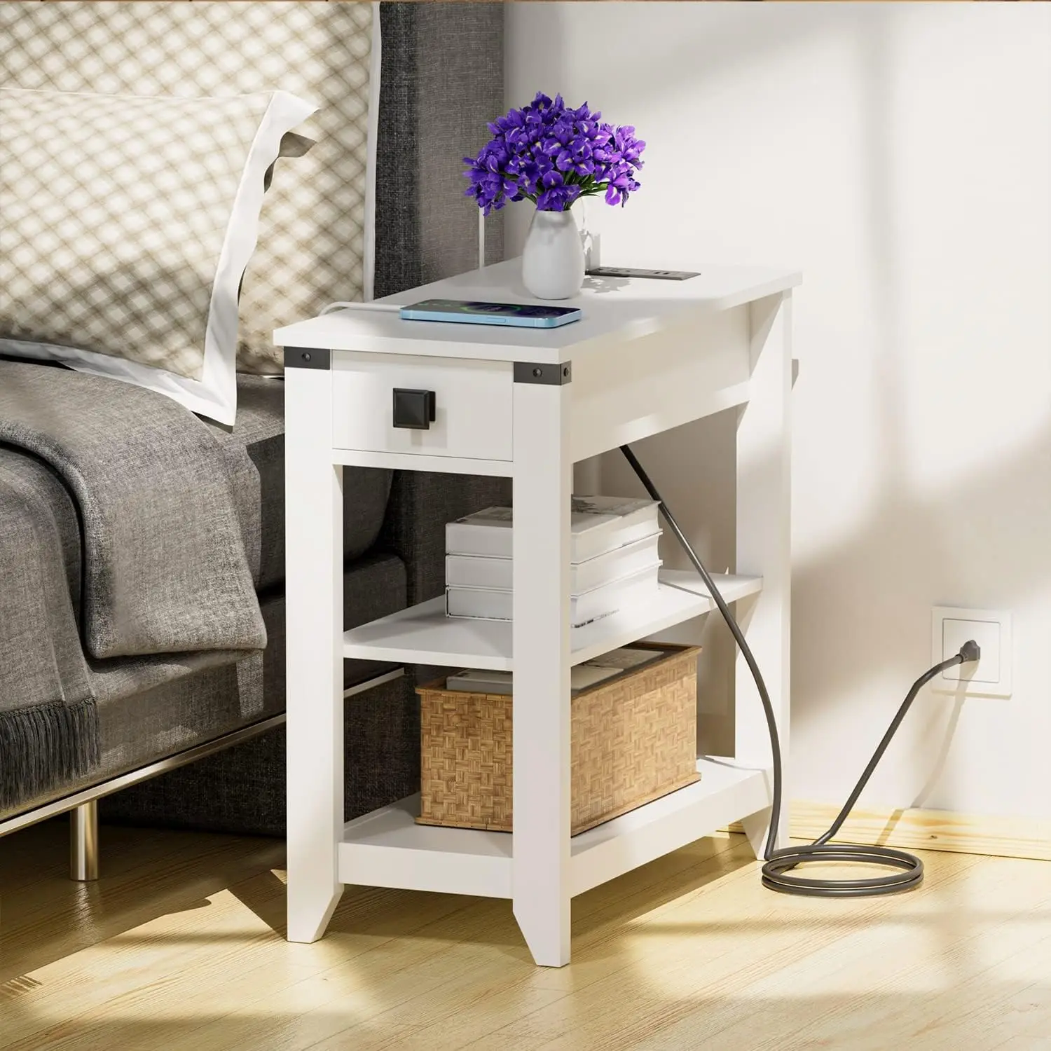 

Narrow End Table with Charging Station, USB Ports, Outlets, Storage Drawer, Nightstand for Small Spaces, Living Room, Bedroom, White
