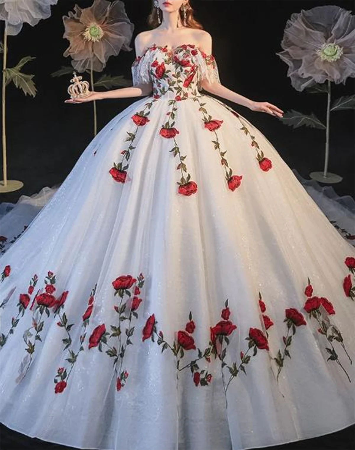 Robe de Mariée Personnalisée à Imprimé Royal Trail, Jupe Bouffante Blanche, Rouge, Noble, Élégante, Cathédrale, 2024